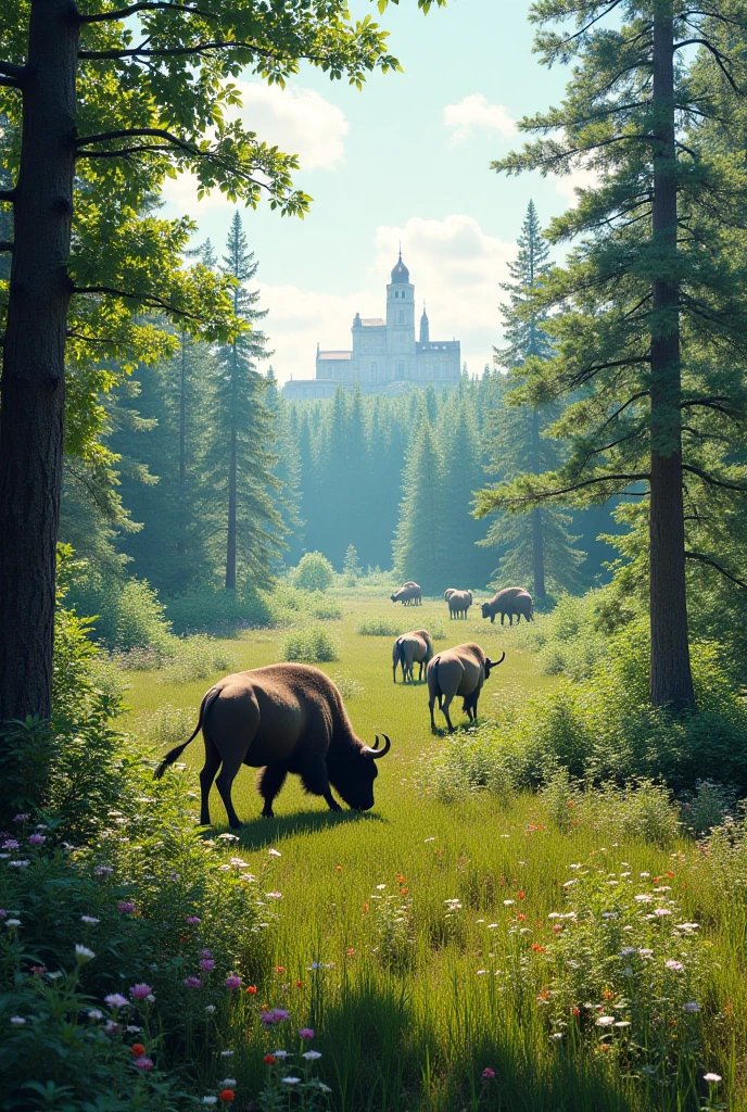A futuristic landscape with vegetation and meadows. In the background is a futuristic, ecological city. In the foreground is a metal bison grazing in the meadow. Realistic photo. 4K photo --auto --s2