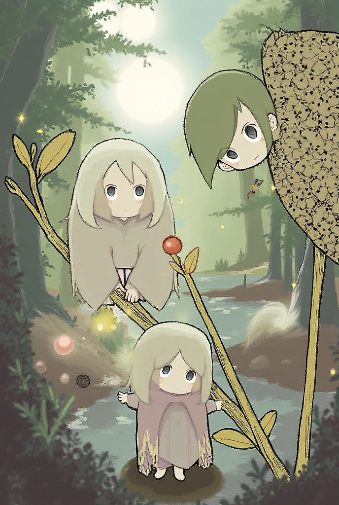 young girl 15 ,, very long hair that touches the ground, platinum ruby hair, iridescent eyes, very thin body , very small breasts, Wide hips, small waist , shining lips , (naked), , very small young woman and thin , stop in a pasture, wreath made of cherry branches , surrounded by forest spirits shaped like orbs of light , forest spirits animals, flirtatious smile, bathed in semen