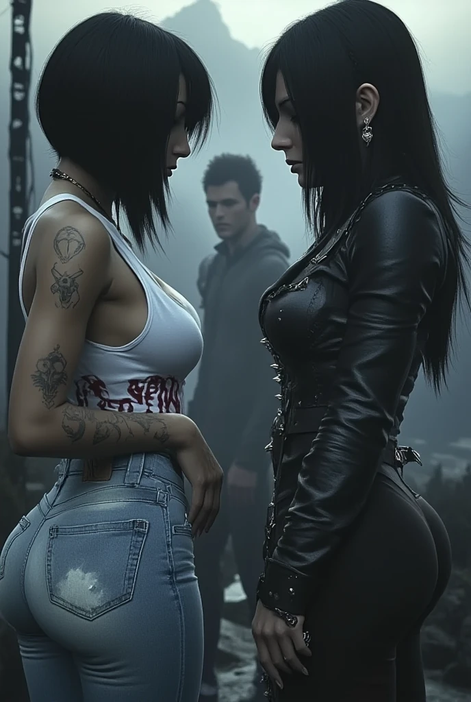 NSFW, mulher 22 anos, wearing a black jacket with an open zipper, seios grandes, blusa transparente social, mini saia, meia 7/8 preta de renda, s office, cabelos pretos longos, sapato de salto
