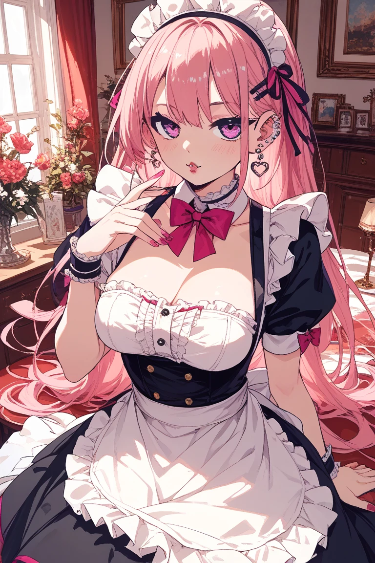 photorealistic, (hyperrealistic:1.2), beautiful, masterpiece, best quality, extremely detailed face, perfect lighting, full body, large breasts, wide hips, thick thighs, plump, detailed eye makeup, detail face, nice detailed eyes, heavy eye makeup, cleavage, pink hair, maid headdress, maid, pink eyes, white_legwear, (detached_sleeves:1.2), portrait, maid apron, Kpop idol, ram \(re:zero\), ram \(re:zero\), (light pink short hair),detailed hands and fingers,