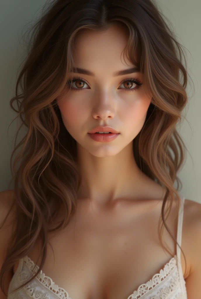 (photo realism 1.2) Beautiful, very realistic woman with fine features and a square jaw. Highly detailed dark green eyes and shoulder-length light brown hair. with a slightly sagging medium-sized chest that is very detailed