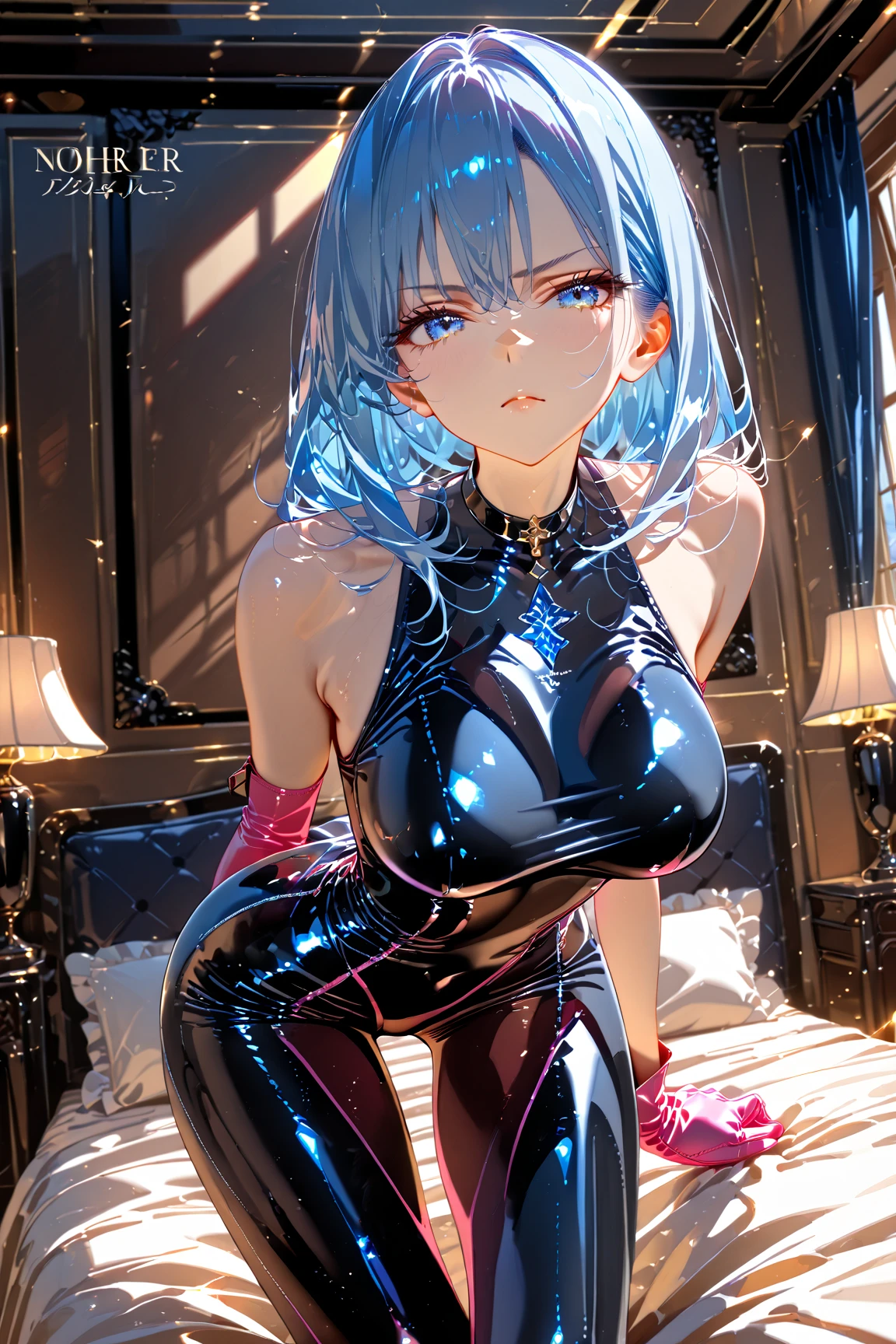 (8k, 最high quality, masterpiece:1,2), (Realistic, Photorealistic:1.37), Super Detail, One Girl,), (Very detailed), (Beautiful and detailed eyes), (最high quality), (Very detailed ), (masterpiece), (Detailed face),20-year-old, ,1 girl,, Medium chest, Perfect lighting, break, ((cutout Shiny black body suit:1.5)), ((Midnight Pink:1.3)), ((satin:1.2)), ((Shiny:1.3)), (white line:1.2), (Shoulder cut-outs:1.2), (Chest cutout:1.2), ((Fitted:1.2)), ((Silver Chain Necklace:1.2)), (Silver Hoop Earrings:1.2), (Blue Suede Pumps:1.2), brake, (high quality:1.5), (Upper body and thighs:1.3), (long wavy pink hair:1.3), (Mysterious Smile:1.2), (Look down:1.2), (View your viewers:1.2), (Hands in front of chest:1.2), (Put one foot in front of the other:1.2), (Standing on tiptoes:1.2), ((The cutout is visible:1.2)), (Burgundy color background:1.2), (Dramatic lighting:1.2), brake (Sweat:1.5), ((light blue hair:1.3, orange eyes:1.3 ,siranami ramune:1.3,)),((Hot face:1.3,embarassed:1.3,Blushing in heat:1.3,NSFW Orgasm Face:1.3,NSFW embarrassed:1.3,NSFW sexual ecstasy face:1.3,NSFW Drooling:1.3,NSFW saliva:1.3,NSFW empty eyes:1.3,Lots of drooling:1.3,drool dripping from the mouth:1.3,jitome:1.3, wet eyes:1.3,orgasm:1.3,sweat:1.3,))