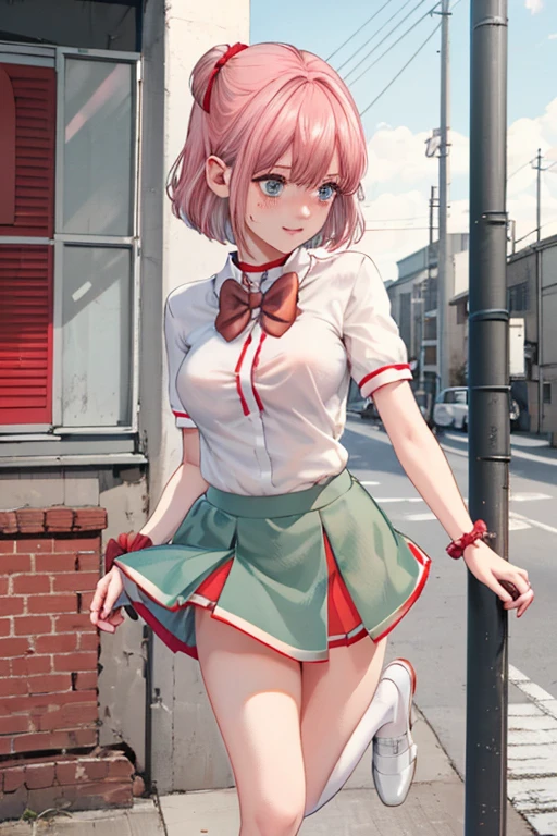 )Girl with pink short hair and light green eyes)、(Wearing school uniform、a short skirt)、(With legs open)、(red blush)、(viewed from below)、(Pants are visible)、(Pants are wet)good）