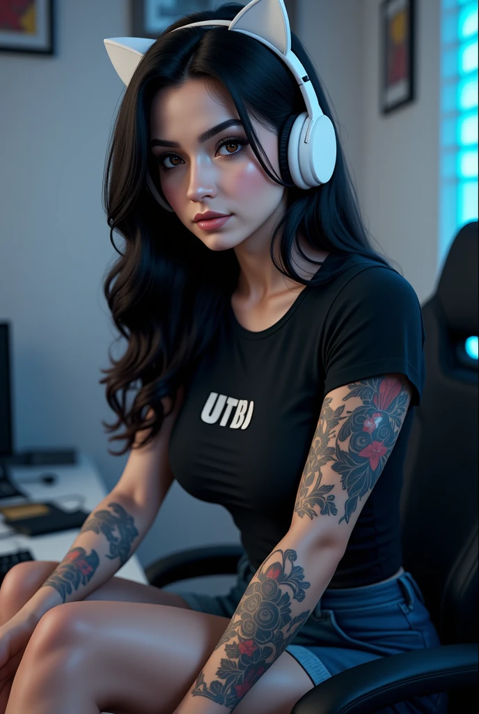 gamer girl, persian features, with black hair and tatooes, on her gaming chair, pulling up her shirt showing her breasts, tatoos on her thighs