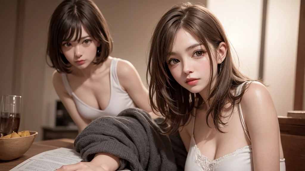 ((top quality, 8K, masterpiece: 1.3)), sharp focus: 1.2, perfect style, (((looking at the camera with your butt facing the camera)), cute smile with white teeth visible with mouth open, beautiful, beautiful, beautiful two sisters, famous for sweating profusely in the world, waist constriction, beautiful legs, taut skin, very detailed face and skin texture, detailed eyes, double eyelids, thin cheeks, healthy skin, (layered hairstyle, dark brown hair), (off-shoulder), (exposed breasts), (exposed buttocks), (disheveled clothes and hair: 1.3)), (huge breasts), (natural breasts, natural cleavage), ((close contact with chest in the sauna room)), from below, (terribly happy look)), (seductive appearance: 1.8),