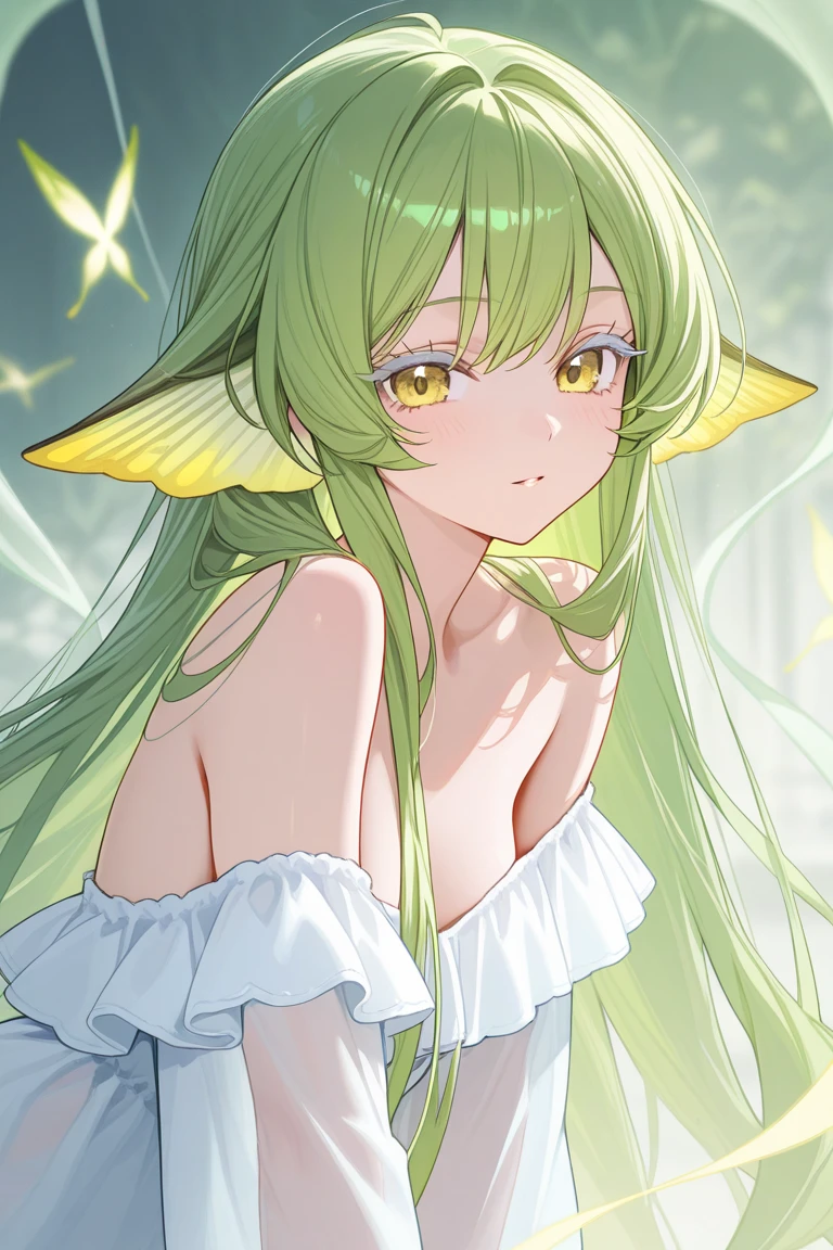 1girl, solo, Monstergirl, alraune, dryad, flower lower body, pale skin, light green hair, long hair, flower on hair, long bangs, pointy long ears, orange eyes, neutral, serious, stoic, brown, small breasts, standing, hands on chest, white background, simple background, masterpiece, best quality