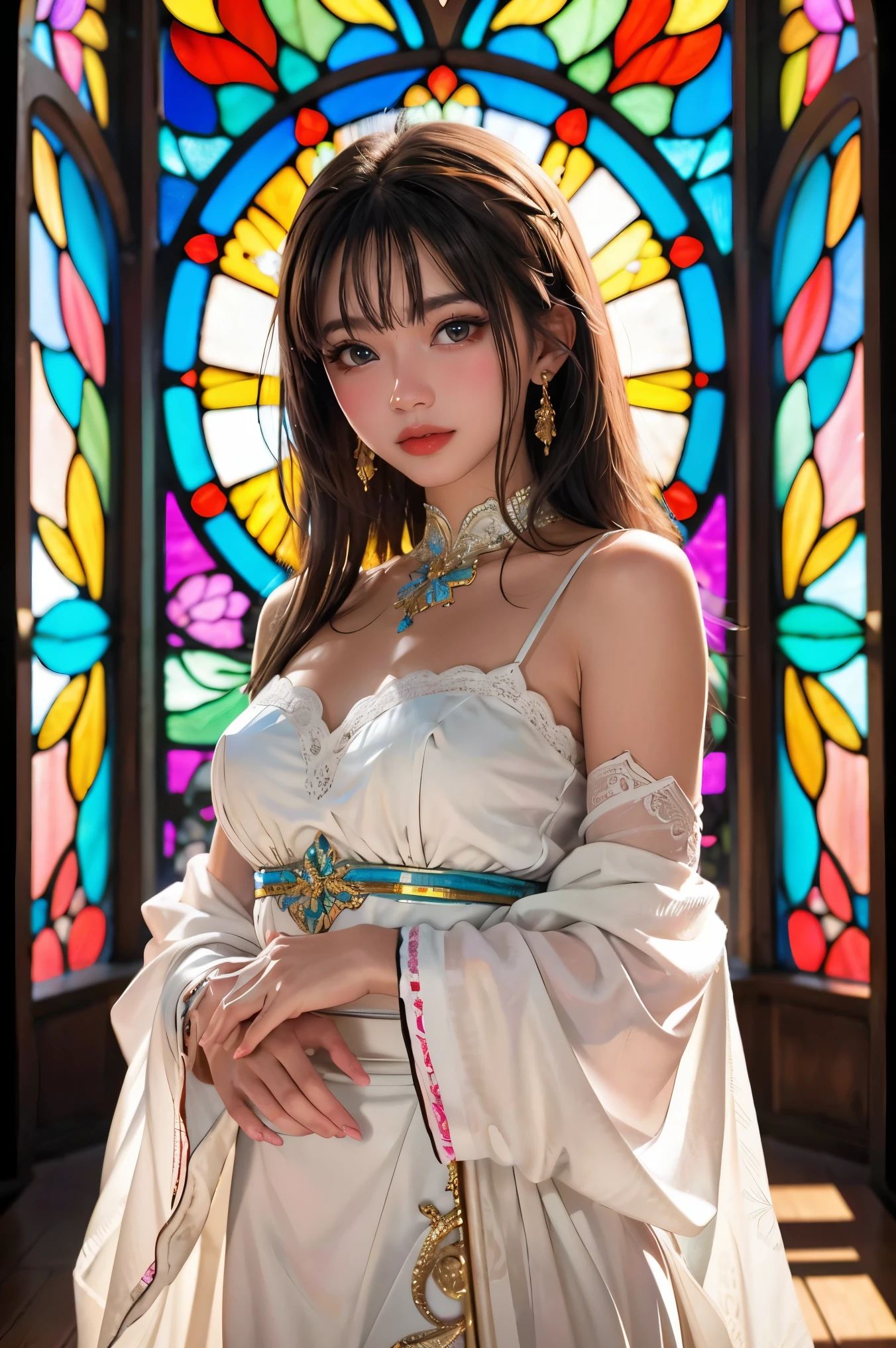 KAWAII girl in ((WHITE loose opened Uniform)), with Glossy RED lips, (Exposed:0.7), (nipple:-1), { Extremely closeup | Dynamic-angle }, ((Dazzling stained glass Background)), (( colorful Light pours down from stunning elaborate stained glass:1.2)), vivid Red colors . ((Acutance:0.8, physically-based 3D rendering with Volumetric lighting)), (masterpiece:1.2) of professional Analog photo with Hasselblad open aperture, (8K, ultra-detailed:1.35), (realistic, photorealistic, ((photo-realistic:1.37))with touch of rawness) . ((Renbutsu Misako)), (Extremely detailed KAWAII face variations, with Dynamic expressions),  (detailed eyes with sparkling highlights), captivating gaze, long eyelashes, subtle blush on the face, rosy cheeks, impeccable ivory skin texture . { full of flowers covering girl's body | Mystic sight | God rays | haze | Light Particle | Luminous Particle | Lens Flare | A Halo in the air | Overflowing underboob | Button Undoned } . (((Large eyes:-0.9))) .