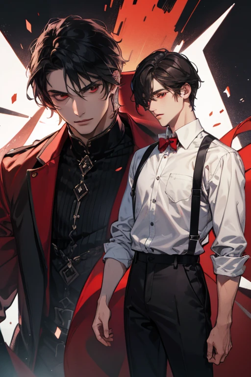 male、Black long hair、Red Eyes、Black and red coat、vampire、squat、White background、Bloody、Fearless smile