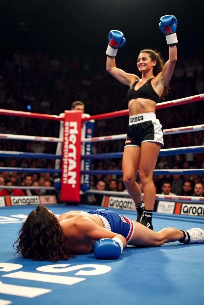 Brazilian babe on her knees sucking a. Man's penis in a boxing ring