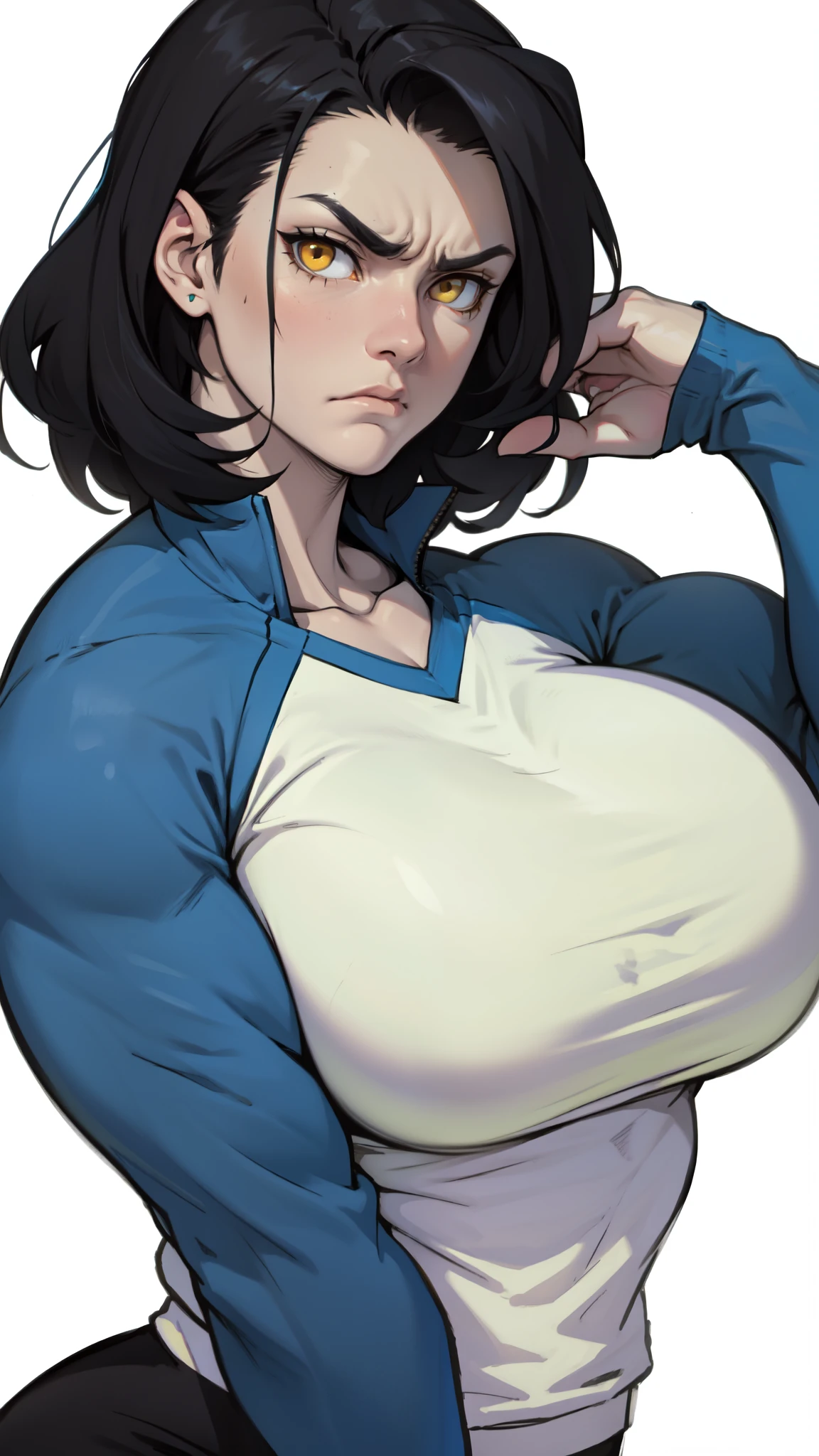 raglan sleeve long sleeve black hair yellow eyes pale skin upset frown huge muscles big breasts.