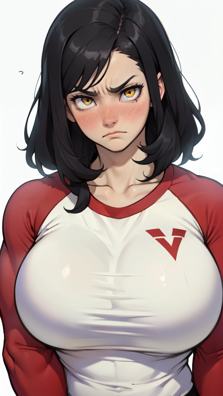 ((1girl)) pale skin large breasts (muscular) toned body thick thighs black hair yellow eyes (very long hair grey background) bodybuilder angry tight red shirt blushing (heart)