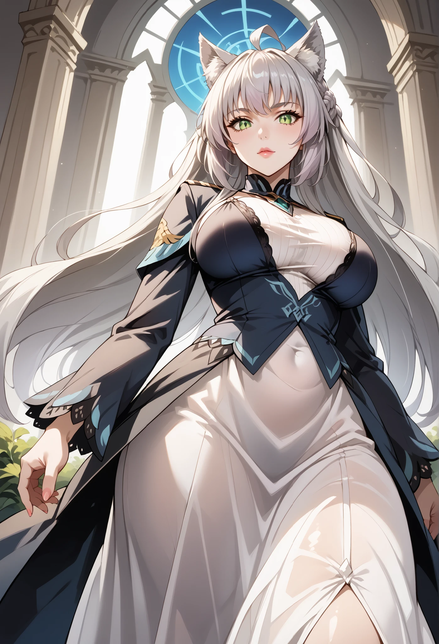 score_9, score_8_up, score_7_up, source_anime, 4K,perfect fingers,(perfect hands, perfect anatomy),prefect lighting, very aesthetic, intricate details,highly detailed background, masterpiece, high quality, best quality,
1girl,((solo)) ,atalanta, green eyes, slit pupils, grey hair, long hair, ahoge, animal ears, cat ears, , Large breasts,,
wearing ((SEE THROUGH DRESS , navy blue square border burgundy dress,  long dress  ,  Elegant Dress, )) ,,
A sagging breast, from below angle, 