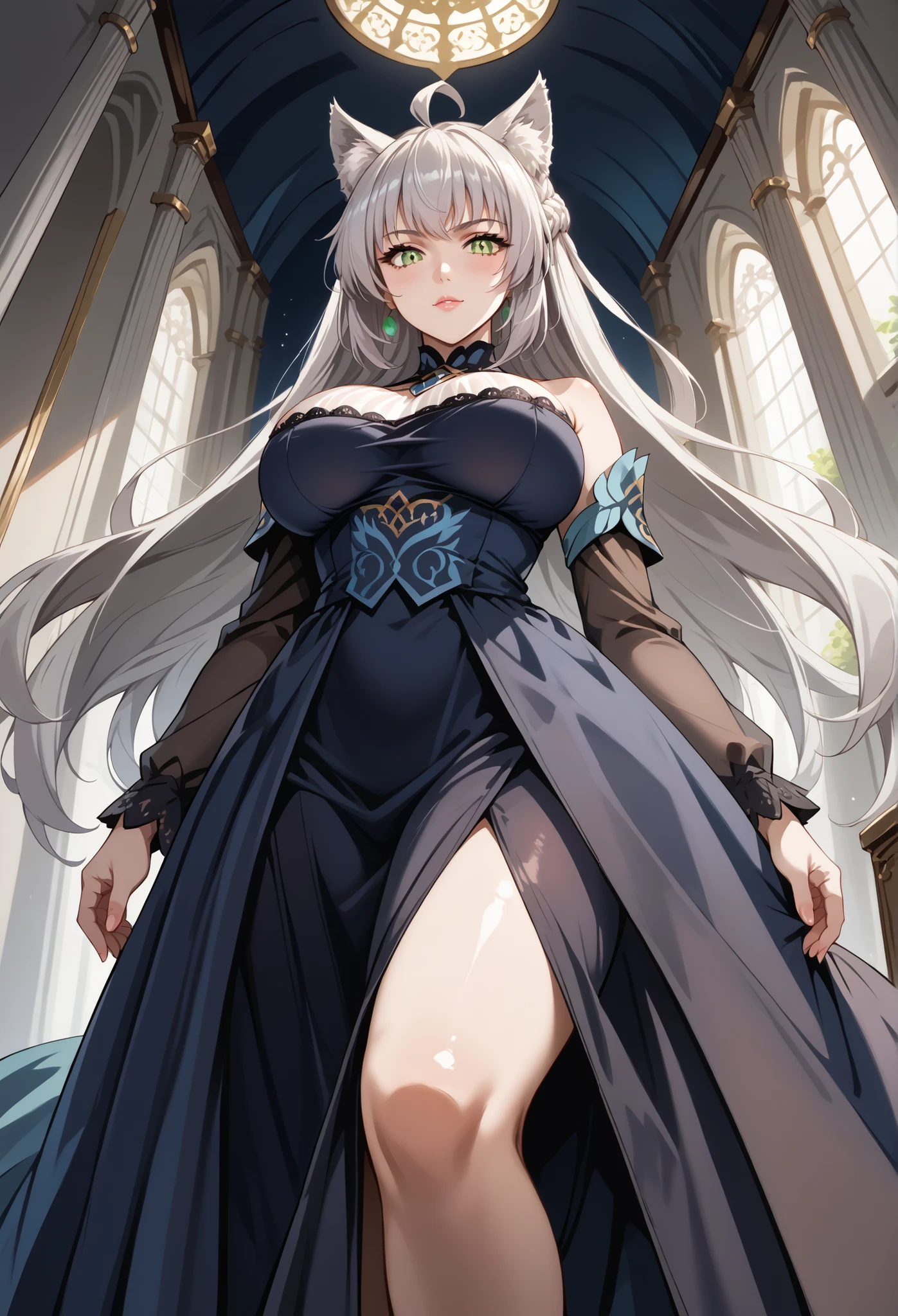 score_9, score_8_up, score_7_up, source_anime, 4K,perfect fingers,(perfect hands, perfect anatomy),prefect lighting, very aesthetic, intricate details,highly detailed background, masterpiece, high quality, best quality,
1girl,((solo)) ,atalanta, green eyes, slit pupils, grey hair, long hair, ahoge, animal ears, cat ears, , Large breasts,,
wearing ((SEE THROUGH DRESS , navy blue square border burgundy dress, long dress , Elegant Dress, )) ,,
A sagging breast, from below angle,