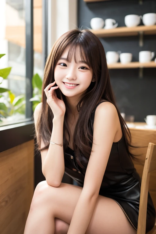  (8K, RAW Photos, Highest quality, masterpiece:1.3), (Realistic, photo-Realistic:1.4), (Highly detailed 8K wallpaper), Sharp focus, Written boundary depth,
 Japanese Idols,very cute,(Baby Face)、Knit dress, Look at us and laugh, Upper Body, Highly detailed face and eyes,((Shiny skin:1.2)), Cinema Lighting, Soft Light, Blur the background, Bokeh, A quiet reading cafe lined with bookshelves、Sitting with legs crossed