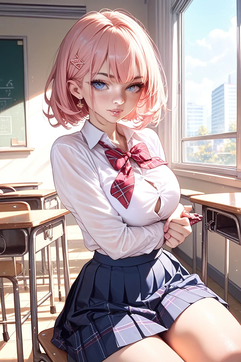 (Best Quality, 4K, 8K, hight resolution, masutepiece:1.2), Pink hair、bobhair、her breasts are beautiful and big。Studying。Resting your elbows on the desk。Her legs are open and her panties are visible through her skirt.。Long legs and great style。School Uniforms。There's a body behind the desk。