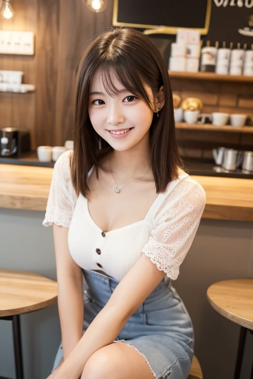 a beautiful girl, fair skin, ((short dark brown tiered hair)), v-neck with layers and bangs, brown eyes, soft features (best quality, ultra high resolution, 8k, RAW photo, ultra high resolution: 1.2, masterpiece: 1.3), (realistic, realism: 1.37), highly detailed, professional lighting, photon mapping, radiosity, physically based rendering, single girl, (high school girl), sharp focus: 1.2, beautiful woman: 1.4, cute, nice, lovely smile, normal chest, cross necklace, earrings, rings, (cleavage), ((short dark brown hair)), (cute smile with teeth showing) wearing a casual white blouse and a denim skirt, sitting on a stool at a coffee shop, holding a cup of coffee, soft lighting, warm tones, bokeh effect