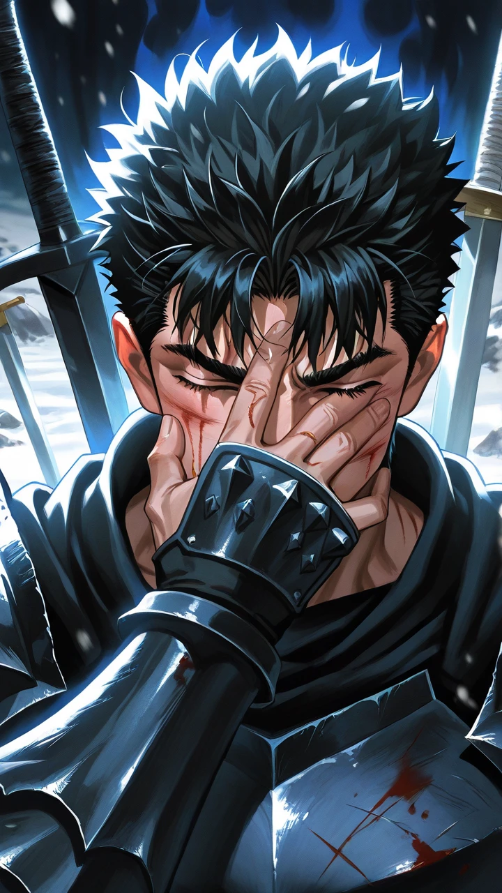 realistic anime artstyle, sword, hair detailed, oil paint, fushiguro toji, jujutsu kaisen, black hair, detailed eye, detailed nose, realistic, black eye, realistic, detailed black eye, black t-shirt