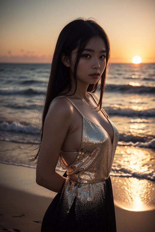 Masterpiece, 4K, bokeh, Photorealistic, high school girl sitting on the beach, (Japanese idle:1.6), Lightbrown long hair, Light brown eyes, Plump breast, Looking at the viewer, Blushed face, Close up, (Silver metallic dress), (Gemstones decoration:1.2, Colorful Gemstones:1.2), (Dress embellished, Sequins), sunset seashore, Beautiful sky and clouds, cowboy shot,