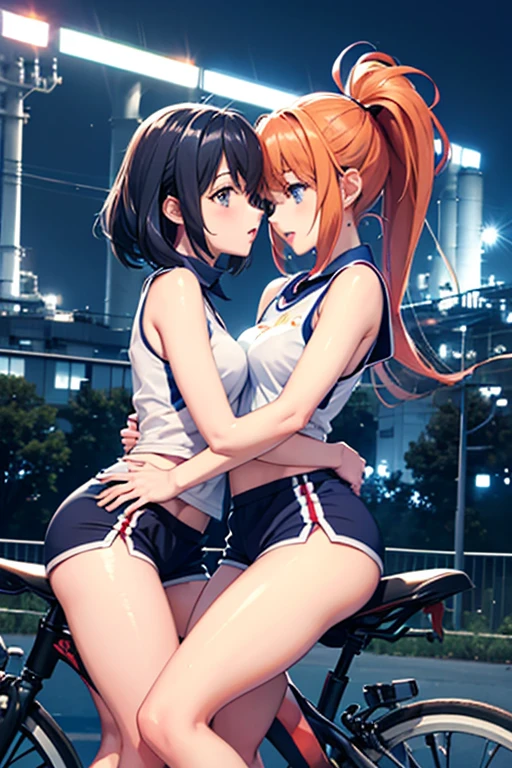 Two girls kiss while riding bicycles, at a petrochemical plant, basketball uniform, short shorts, at night, inspired by Tsubasa Nakai, pixiv contest winner, highschool dxd, 3 d render official art, holo, thighs focus