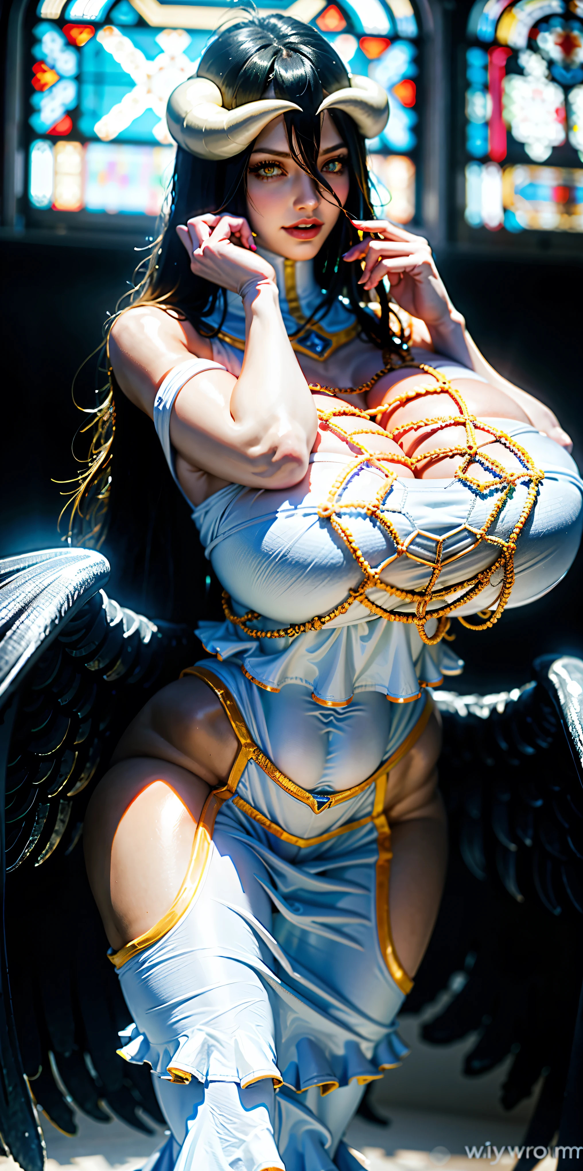 A masterpiece of photorealism, Highly detailed, photorealistic 8K photos, Highest Hyper-Realistic Quality, Volumetric Lighting and Shadows, Young woman with pegasus saint_armor, ((Large Breasts:1.3)),Shag Dark Red, Rock Concert Stage, Aerial shot of dramatic cloud formations