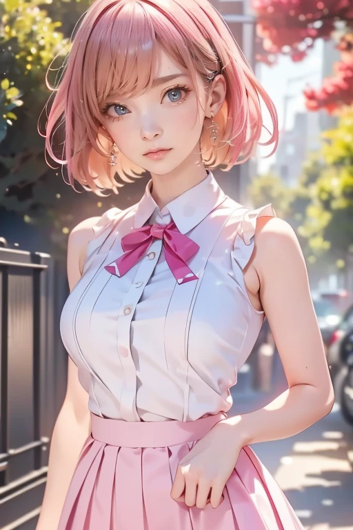 ((((detailed face)))),(Highest picture quality), (Master's work), (Detailed eye description), (8K wallpaper), (Summer plant room),cat girl,cat ears,(pink hair:1.25), short hair,(green eyes:1.23),(ringed eyes:1.1),((tareme)),medium_eyes,(light blue bowtie on neck), (1980s), (Detailed face description),((shy)),(detailed face),half closed eyes,head down, (((pink shirt))),(black skirt),(black fishnet pantyhose:1.1), black garter belt,(black bow),thigh strap,
standing, overall skirt,
on street,
((((detailed face)))),