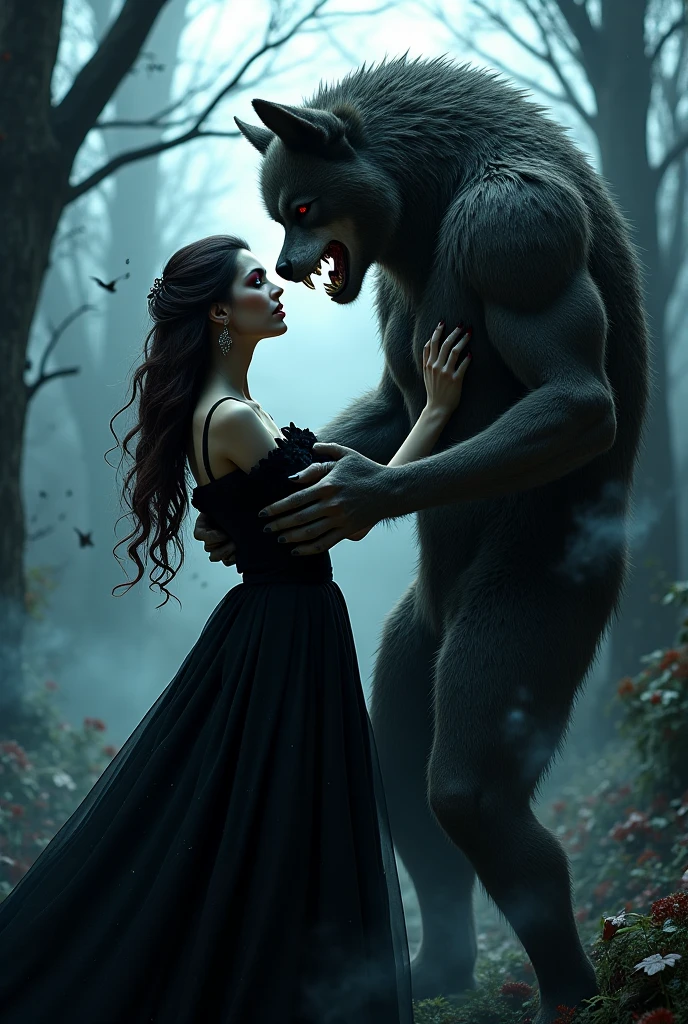 horror , (beauty and bestiality) , beautiful woman , (with ugly beast) , moist thin eyes , glossy lips , Swollen cheeks , heart is beating fast , elegant dress , Devour each other like beasts