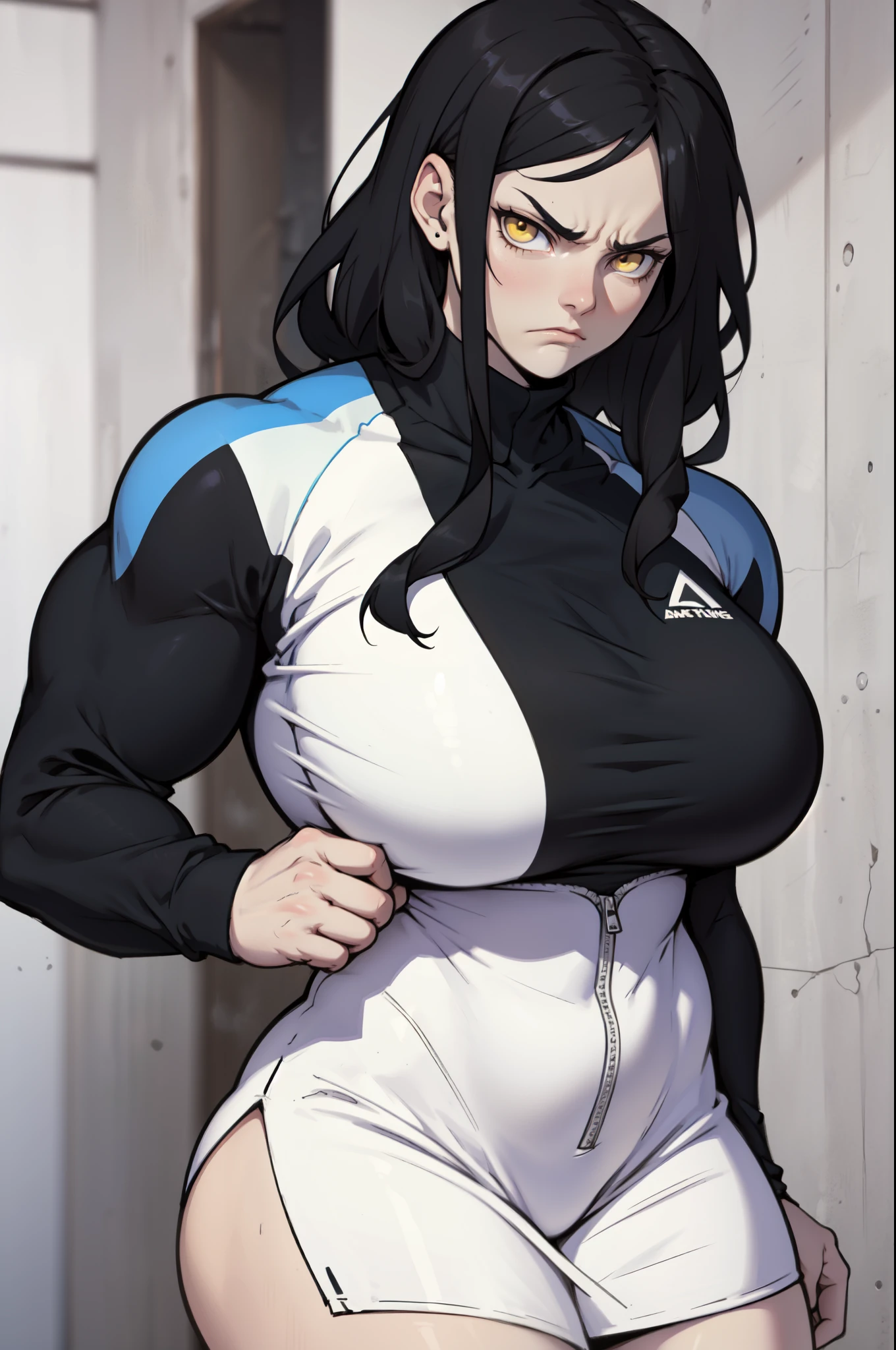 athletic build massive breasts pale skin black hair yellow eyes sad frown confused long hair