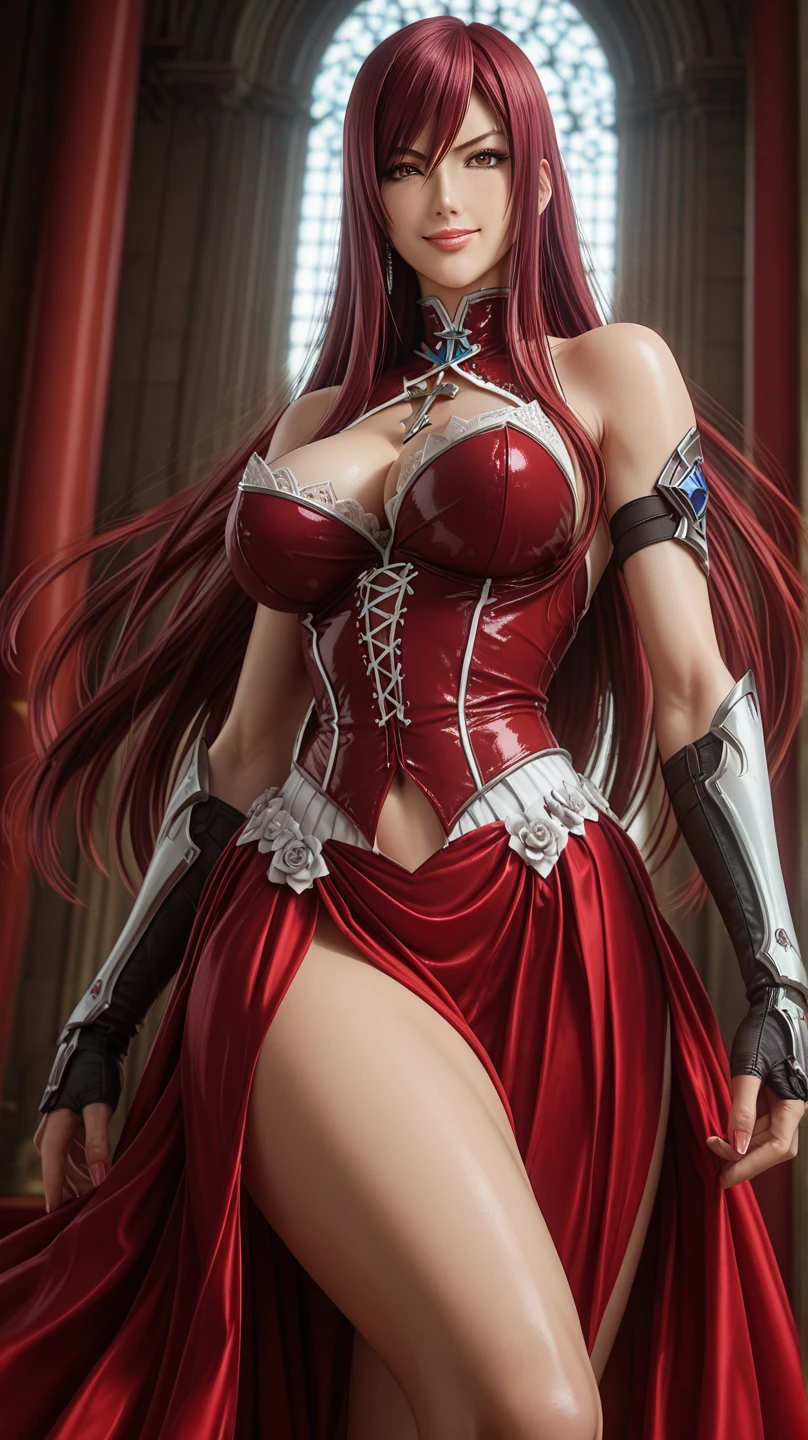 Anime style, (masterpiece:1.35), (bestquality:1.4), 8k, ultra-detailed, (ultra-realistic:1.4), delicated best quality, illustration, an extremely delicate and beautiful, extremely detailed, 8k wallpaper, Amazing, finely detail, masterpiece, best quality, official art, extremely detailed 8k wallpaper, huge filesize, ultra-detailed, highres, extremely detailed, (extra realistic photography)!!, (focus on 1girl)!!, detailed shadow, professional lighting, (futuristic vibe scenery exposed)!!, (very stunning sight)!!, Depth of field, 1girl, 24 years old girl, ((1girl photo from low front angle: 1.3)!!, (1girl looking viewer)!!, cosplay, (walking on the futuristic city road)!!, (wear school uniform), delicate face, makeover face, blush, close mouth, seductive smile, sharp eyes, 1girl with colored pupils, homochromatic eyes, detailed clothes, (very long red hair)!!, red bangs, curvy hair, hair with braided, realistic hair, neck garter, gloves, slim legs, pantyhose, skirt, smooth thighs cleavages, garter thigs, medium breast, the breast is covered, seductive breast cleavages, bare shoulder, the hand bringing sword