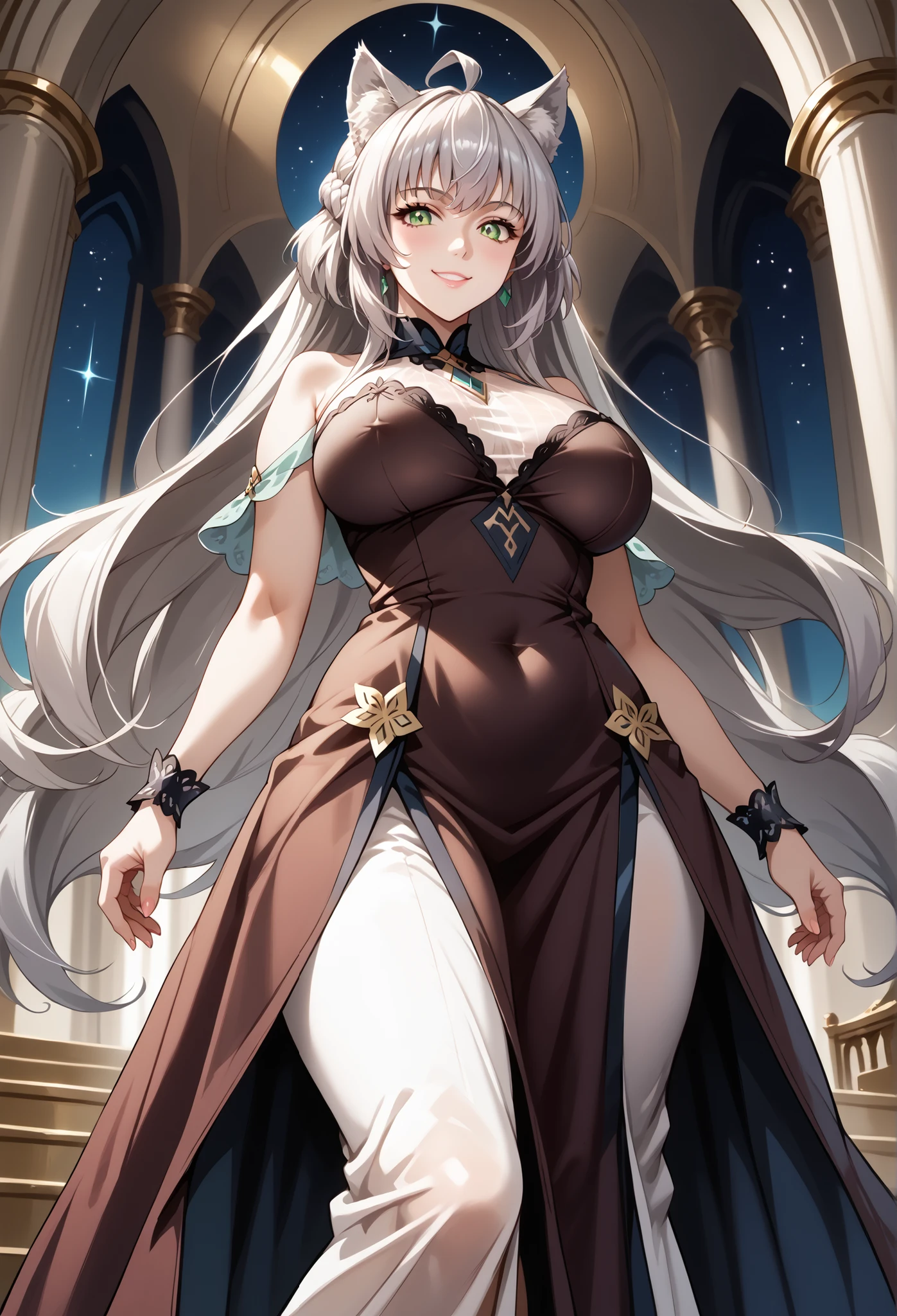 score_9, score_8_up, score_7_up, source_anime, 4K,perfect fingers,(perfect hands, perfect anatomy),prefect lighting, very aesthetic, intricate details,highly detailed background, masterpiece, high quality, best quality,
1girl,((solo)) ,atalanta, green eyes, slit pupils, grey hair, long hair, ahoge, animal ears, cat ears, , Large breasts,,
wearing ((SEE THROUGH DRESS , navy blue square border burgundy dress, long dress , Elegant Dress, )) ,,
A sagging breast, from below angle, Mature women, housewife, watching viewers, smile,
