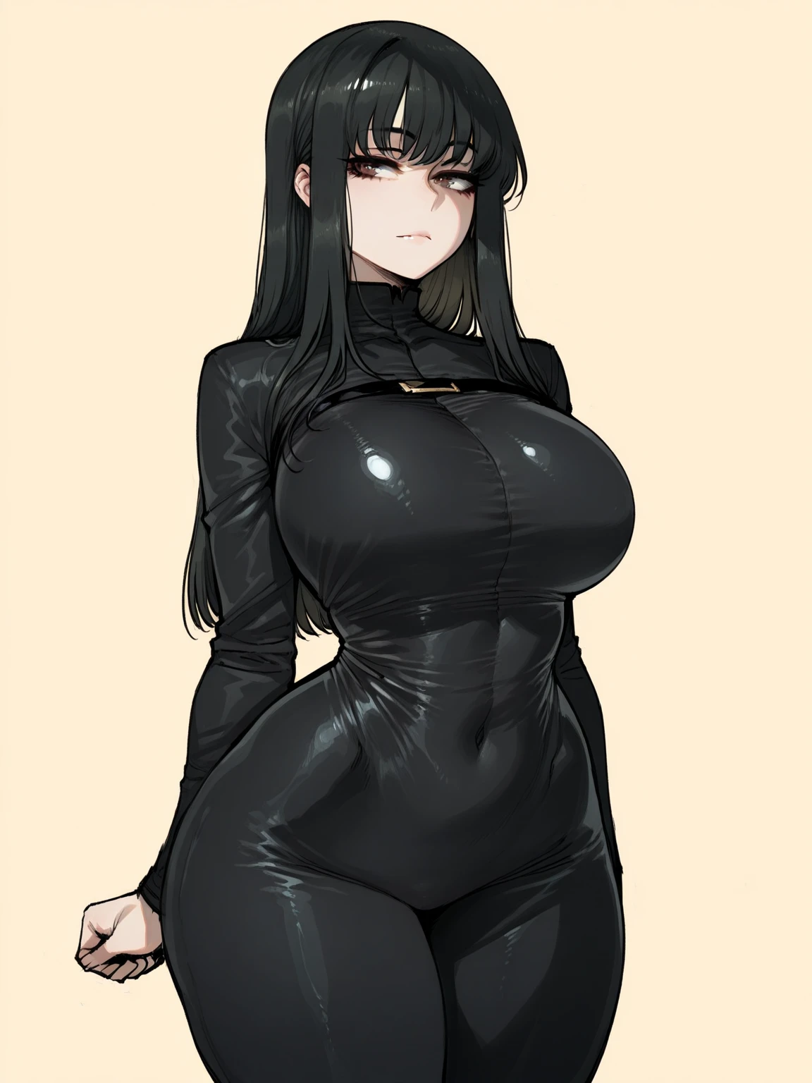 score_9, score_8_up, score_7_up, score_6_up, score_5_up, score_4_up, BREAK 1girl, black hair, long hair, grey eyes, thick lips, long eyelashes, surprised expression, standing in a dark , blunt bangs, adult, harsh lighting, BREAK solo, large breasts, adult, skinny, arched back, thigh gap, female pilot outfit, BREAK (party background:1.2), simple background, innocent, lovely, adorable, dynamic pose