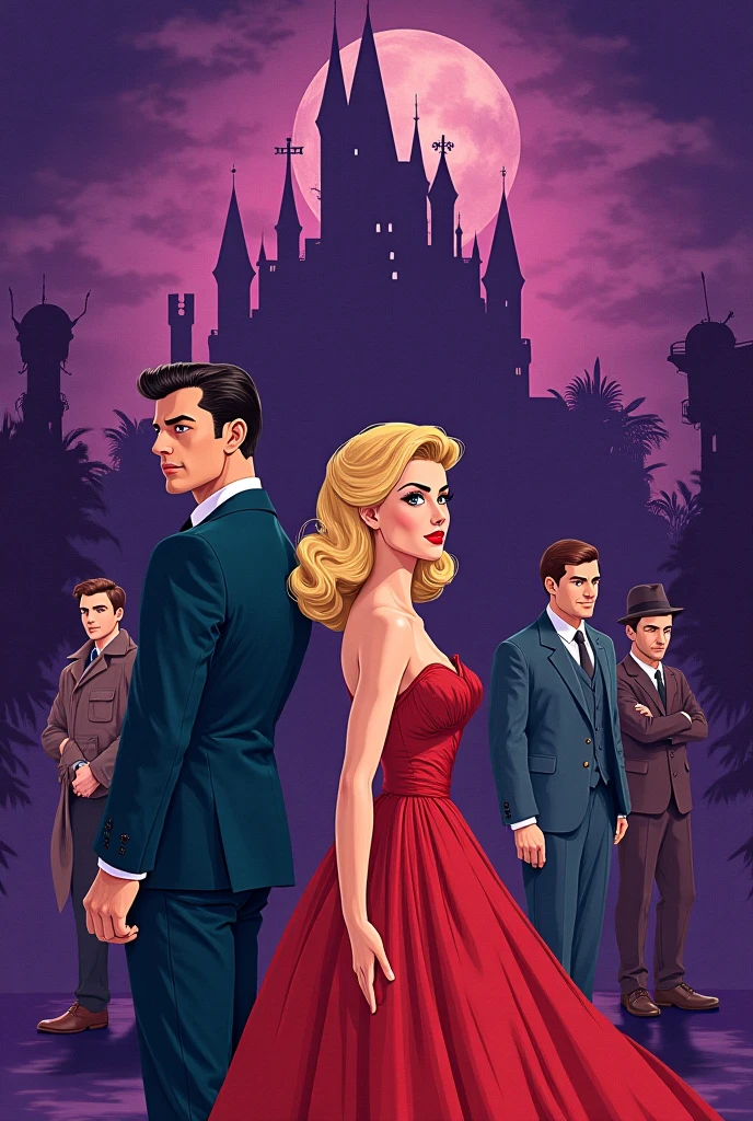 Create the illustrated cover as if it were the cluedo, Violet background, a castle and several characters, the protagonist, a very beautiful blonde woman dressed in the 1950s, next door, a very handsome and sexy man, and then strange and curious characters such as the game of Cluedo. También ti crea a una señora de unos sesenta años vestida muy llamativa