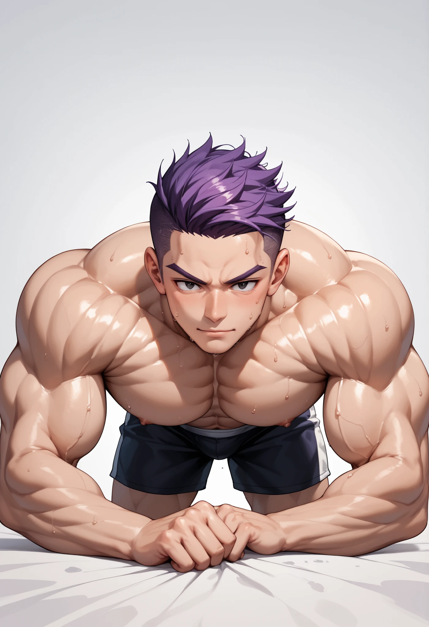 masterpiece,best quality,H),1 person,nudeboy,very shy,Face turned red,Shy,muscular,delicate eyes,nude,(nude),blue eyes,Shirtless,Upper body body,short blue-purple hair,(Fluorescent lamp),(a color),((abstract background))