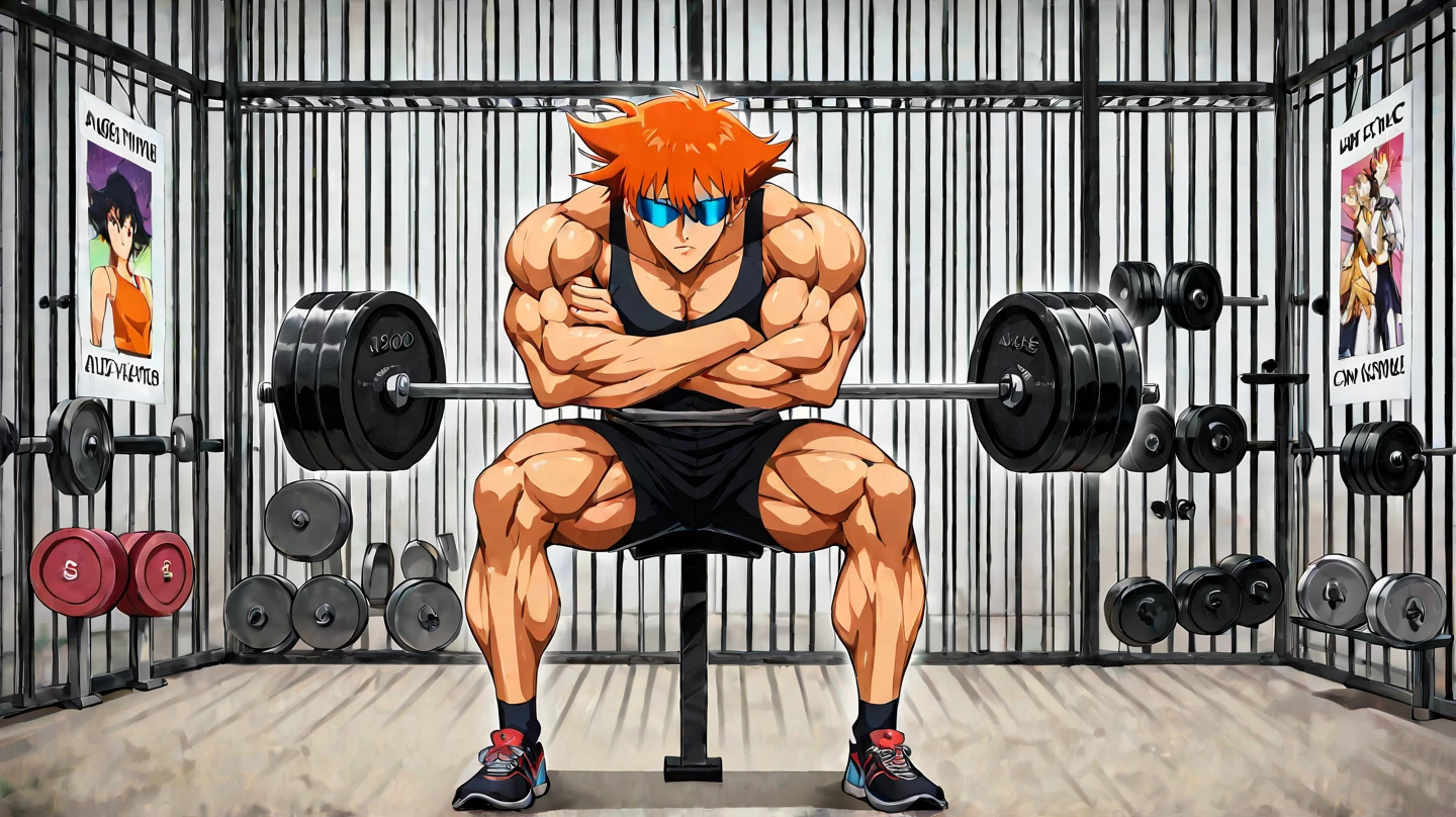 Anime-Stil , High quality full body image of hinata, male 15 years old, as a bodybuilder, Ist'Ich trage nur einen Tanga , ohne Schuhe, feet, bare feet, massive muscular body, huge muscular shoulders, Massive big biceps, Venen im Bizeps, Muskelbeine, massive muscular abs, Bizepsflex. posierend, Sie schwitzt, very muscular, The toned body shines in the light, im Gym, hanteln, Sit-ups