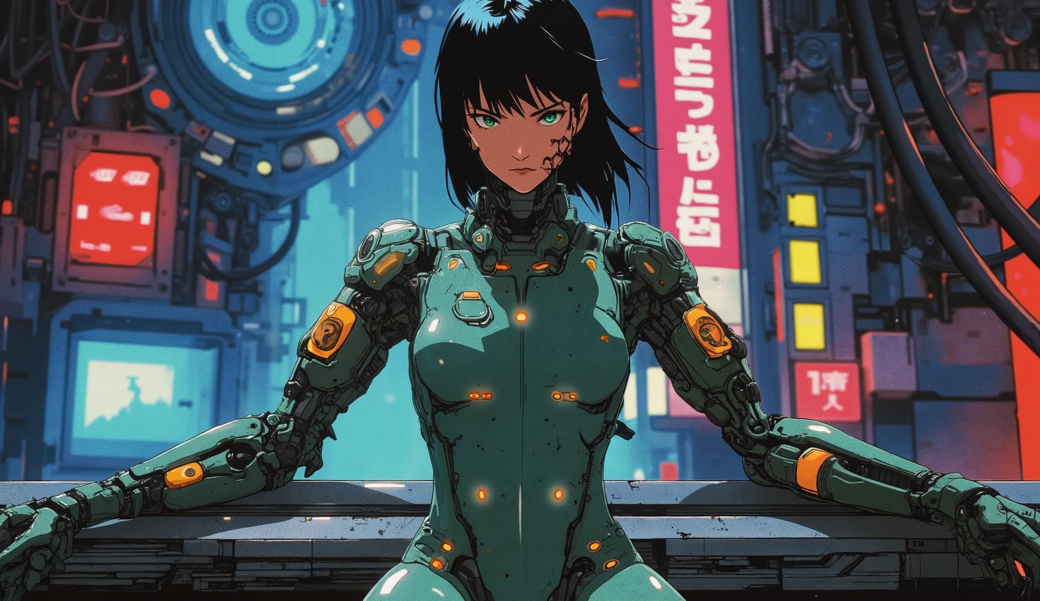 Motoko Kusanagi, in her thermoptic camouflage, infiltrates a high-tech corporate skyscraper. Holographic alarms and AI defenses activate, turning the building into a neon-lit maze of challenges.