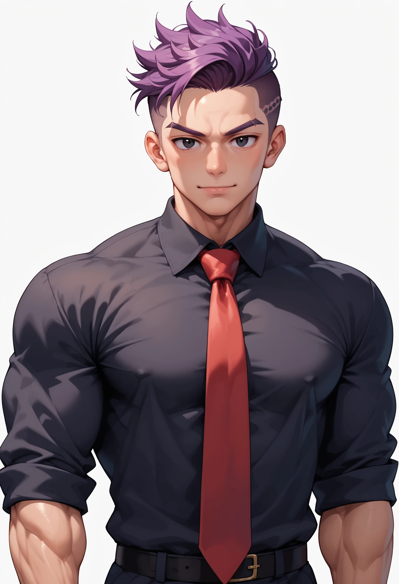 source_anime ,((White background)) White skin ((japan man)) ((1man)) , (solo man) , rathing_questionable , (dandy president) , black eyes ,(purple undercut hair) ((40 years old)), broad shoulder , square shaped face , handsome , ((Old ,aged)) (black shirt , red necktie) , cool emotion , BREAK solo , smart expression , animated color , (muscular)