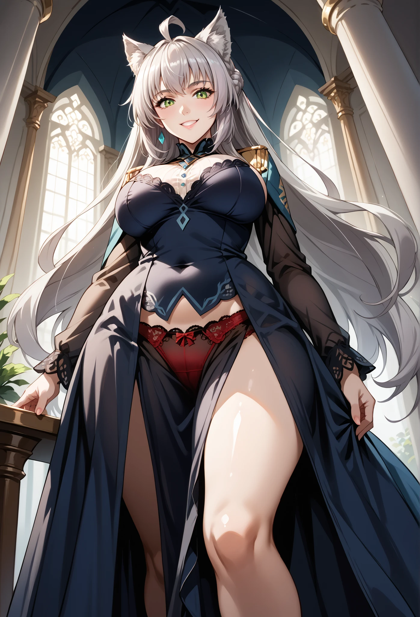 Detailed, Ambient Light, Realistic Shadows, Digital Art,
{{{{masterpiece}}}}, {{{{best quality}}}},1girl,(best quality:1.5),((( blue eyes, hair over one eye, shaded face, very long wavy hair, french braid, see-through sleeves, choker, see-through wide sleeves, mascara, curled eyelashes, blue eyeliner, sharp, cold eyes, wavy hair, white hair, pointy ears, white thighhighs , small ear ,closed mouth, huge breasts, garter straps, blue trim ))),in forest, blue eyes, fangs, slit pupils, mature female, white hair,Frosty goddess of ice and snow, her piercing gaze freezing the landscape around her, icicles and snowflakes swirling in her wake as she commands the frozen elements. Realistic photography, professional color graded\n\n,professional color graded, 8K\n,cowboy shot, closed mouth, dress, standing, lace trim, ,Ornate, Indoors, Renaissance, Renaissance Architecture, Vintage Windows, Royal Furniture, detached sleeves, jewelry, earrings,long dress, floor-length dress, elegant, modest, high collar, long sleeves, ball gown, princess dress, empire waist, A-line, pleated, chiffon, lace, embroidery, jewel neckline, buttoned cuffs, back zipper, turtleneck, maxi dress, midi dress, tea-length dress, evening gown, cocktail dress, little black dress, off-shoulder, sweetheart neckline, halter neck, satin, silk, velvet, tulle, organza, white shirt, white dress
, volumetric lighting,good lighting,, masterpiece, best quality, highly detailed,extremely detailed cg unity 8k wallpaper,illustration,((beautiful detailed face)), best quality, (((hyper-detailed ))), high resolution illustration ,high quality, highres, sidelighting, ((illustrationbest)),highres,illustration, absurdres, hyper-detailed, intricate detail, perfect, high detailed eyes,perfect lighting, (extremely detailed CG:1.2)