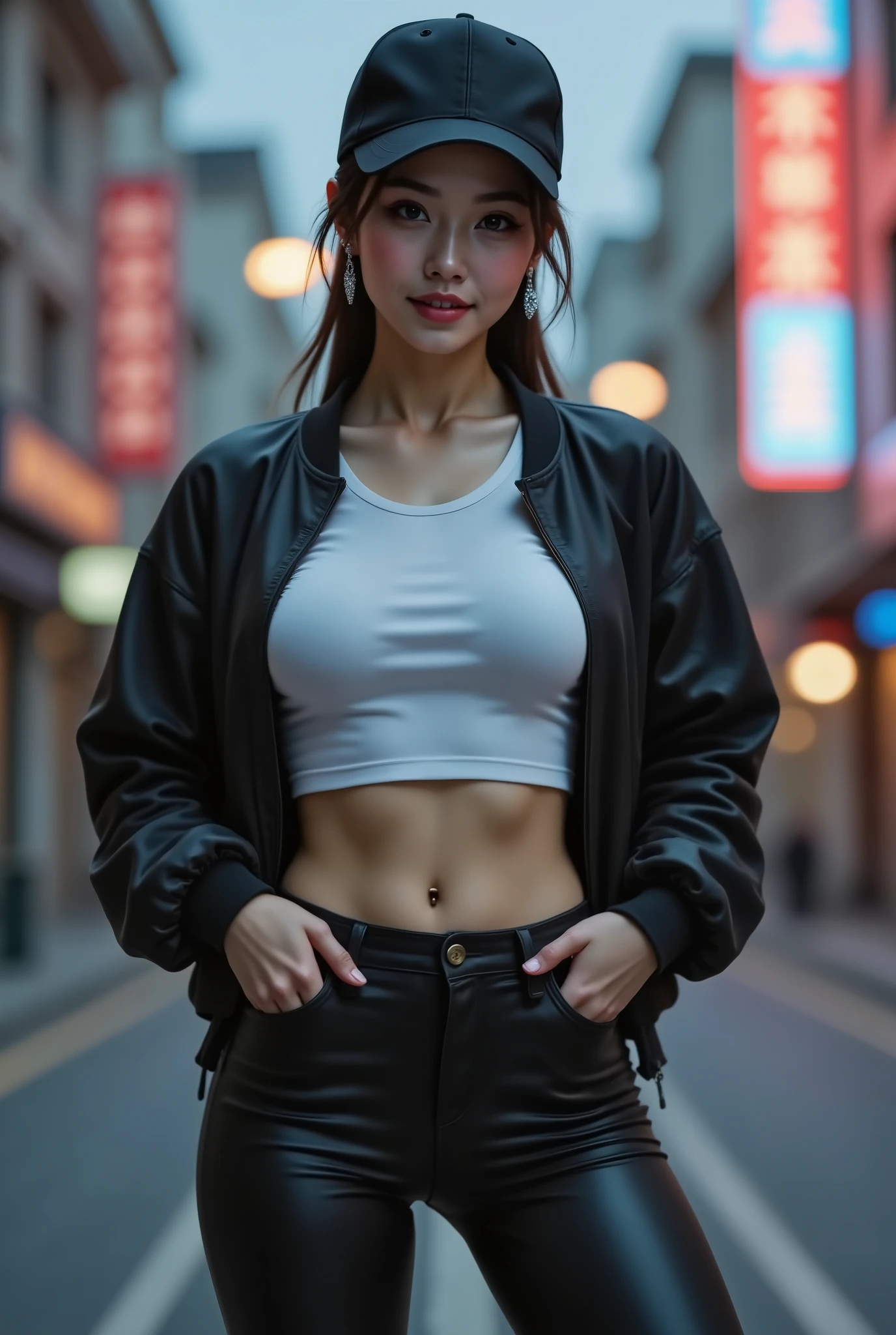 A masterpiece in 8K resolution! A photorealistic, extremely detailed CGI Unity 8K wallpaper featuring a stunning Korean K-pop idol. She stands tall in the dark of night, her face illuminated by the flash of the lens. Her intricate features are on full display: beautiful lips, pretty eyes, and delicate skin.

She wears a sleek cara bomber jacket, leggings, and a fitted t-shirt that accentuates her toned physique. Her ponytail is perfectly coiffed, and she sports white diamond earrings that sparkle in the dim light. A baseball cap sits atop her head, adding to her edgy charm.

The camera captures her in a frontal shot from above, showcasing her slender yet muscular frame. Her big smile radiates confidence as she looks directly at the viewer. The city behind her is vacant and dark, except for the neon sign that casts a subtle glow.

In this cinematic masterpiece, ray tracing and depth of field come together to create an image so lifelike, it's almost 3D. The result is a breathtakingly beautiful K-pop idol, frozen in time, looking directly at us with a captivating smile.