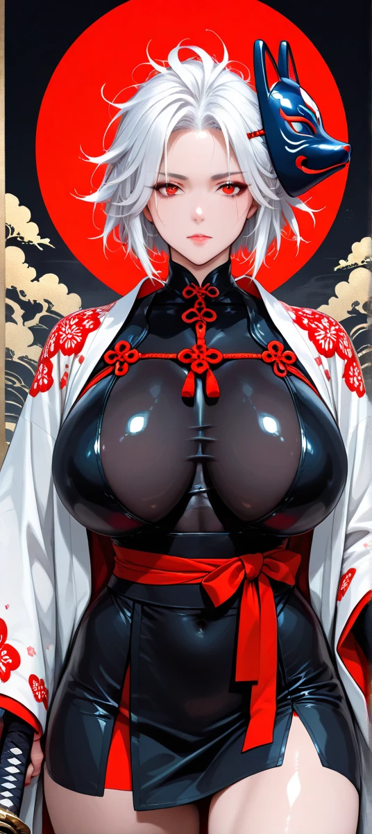 Very detailedな CG Unity 8K UHD 品質解像度の壁紙, Award-winning portraits, Official Art, A perfect masterpiece, Highest quality, Highest Resolution, Most beautiful demon goddess, Very detailed Harajuku style hooded ninja costume, Nikka Pants, Bold colors and patterns, Trendy and innovative platinum white mohawk hairstyle, Bright makeup, Super huge giant , Showing cleavage, Huge breasts spilling out of the ninja costume, Splendid feudal Japanese garden, Faithfully recreating Japan's feudal era...,Autumn garden, Vibrant color scheme, Insane Details, Beautiful and dense face, blush, Sexy and Fascinating lascivious expression, Looking at the audience, Obscene, Saucy, Fascinating, sexy, Dynamic pose, Intricate details, Very detailed.