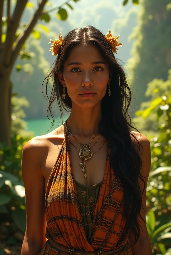 Jeune femme indigène d'amazonie. Elle est en tenue légère traditionnelle écologique. Elle milite pour la protection de la nature et du climat, de la Terre. Elle veut me faire l'amour. Elle parle le portuguais et apprend le français