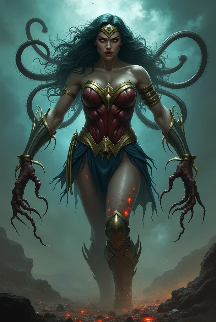 wonder woman in bikini attacked by tentacles