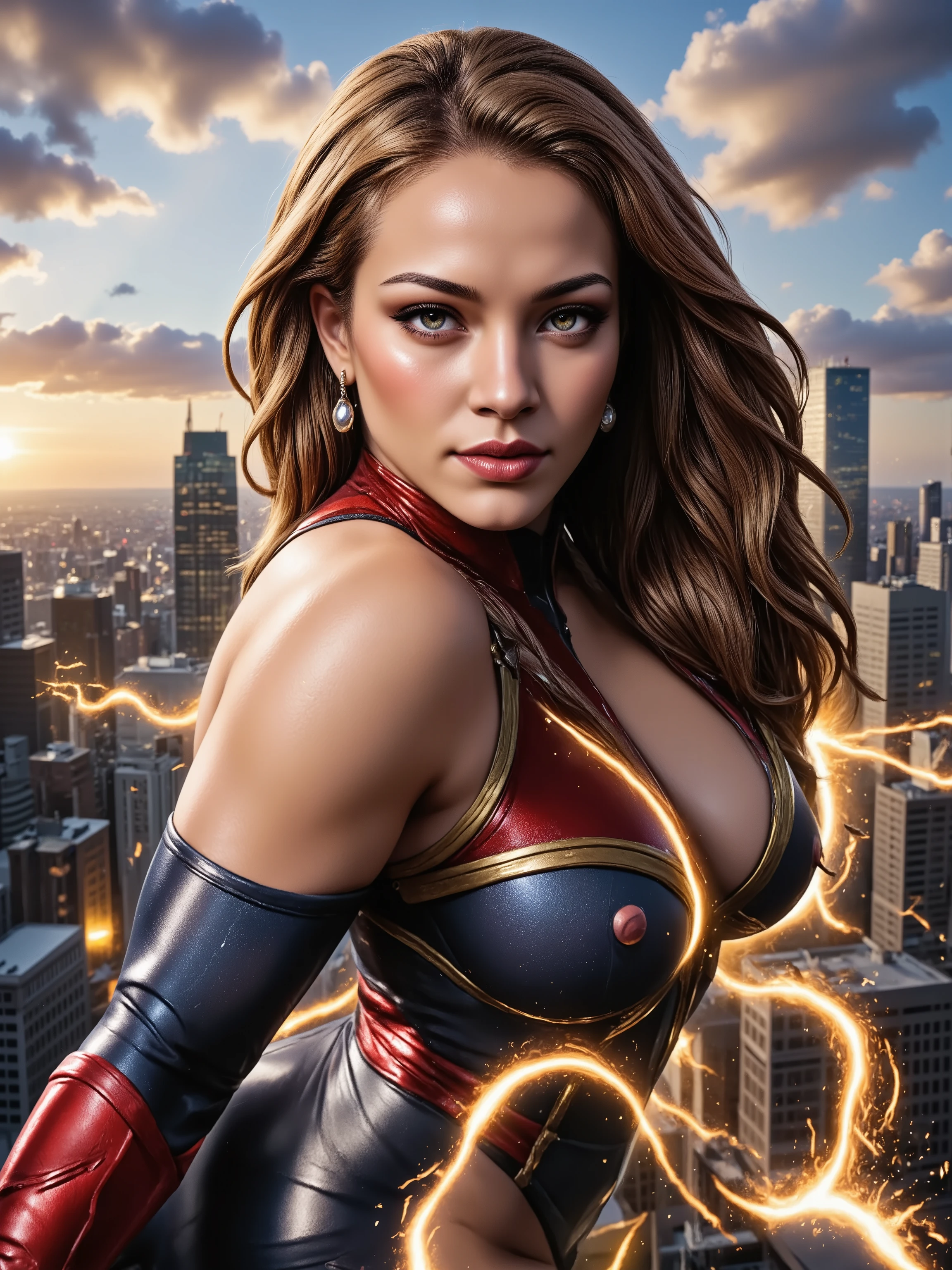 ray tracing, UHD, HDR, 16k, masterpiece, cinematic, photorealistic, award winning, marvel comics character, ms marvel, voluptuous, athletic, beautiful long hair, tight clothes, skin indentation, confident expression, heroic pose, flying in the air, energy effects, city skyline background, glowing energy powers, cinematic lighting, dramatic shadows, comic book art style, digital painting,
