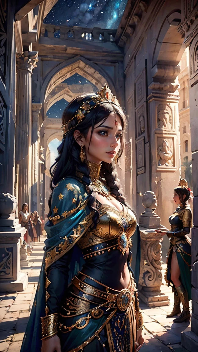 A very realistic and very detailed picture of the beautiful princess of Babylon wearing sunglasses in the city of Babylon of the future , The outfit inscribed with the plates of the shield of Babylon, long hair, Hand and body tattoos, Fashion pose, Beautiful hazel eyes symmetrical detailed, detailed gorgeous face, Typical articular object , The advanced environment of the city of Babylon , Integrating Babylonian civilization with future technology , outstanding detail, 30 MP, 4k, كاميرا كانون EOS 5D Mark IV الرقمية SLR, 85mm lens, sharp focus, intricately detailed, Long exposure time, f/8, ISO 100, shutter speed 1/125, Diffused backlight, award winning photograph, facing camera, looking into the camera, Monovision, Perfect contrast, high sharpness, facial symmetry, Depth-of-field, ultra-detailed photography, Raitsar, global illumination, Tanvertamim, downy, Ultra-High Definition, 8k, unreal engine 5, Ultra-sharp focus, award-winning photograph, trending on Artstation
