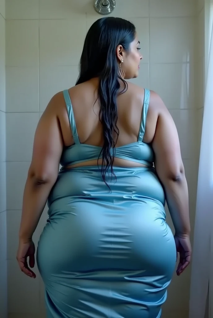 A chubby middle-aged businesswoman, CEO, businesswoman, with very thick glasses stands naked in herbbathroom. She spreads her fat legs and looks down in a humiliating way. Her natural breasts are huge. Sie ist dominant und selbstbewusst. Ihre Schenkel sind riesig. Sie schaut mit einem Ausdruck der Dominanz in ihren Augen herab. Her face is round and chubby as well.