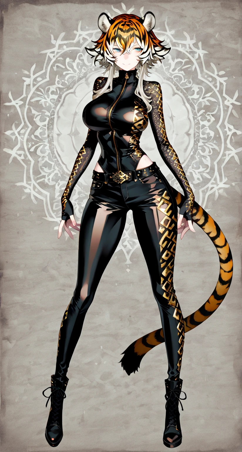 ((Masterpiece, plain background,1:2, masterpiece)) full body standing with two long yellow tiger print stockings, toned thighs, cleavage, separate yellow tiger print stockings thighs and sleeves, tiara royal, long cape up to two feet, yellow tiger bikini print, hands on waist, navel, lustful smirking smiling, smile face (red blushed, red cheeks) metal shoulders, armbands, black leather choker slave collar, full body standing with two long thighs and two metal sandals, big knockers, cleavage, separate sleeves, tiara royal, long cape up to two feet, leather corset loincloth standing, yellow bikini, hands on hips, metal shoulders, armbands, black leather choker collar, shackles bracelets, slave red crest, hands on hips, metal sandals, big belt heart shaped, view from below, feet together, bracers, tiara, standing contrapposto straight symmetrical looking to viewer (Vladilena)