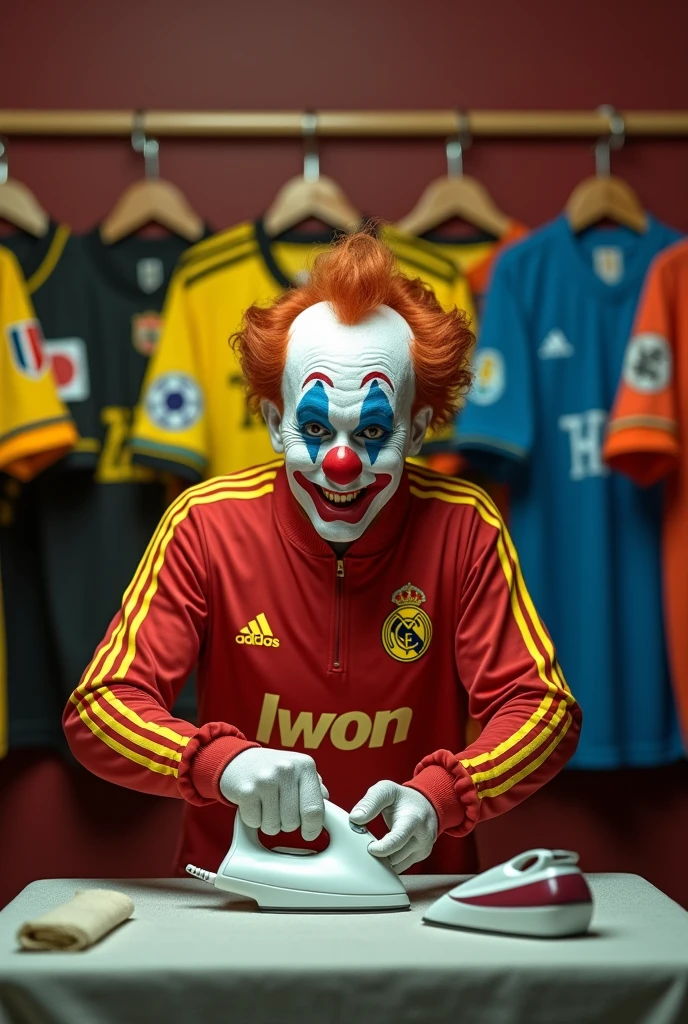 A woman dressed as a clown in a carnival scene wearing a white T-shirt. Hyperrealistic image.