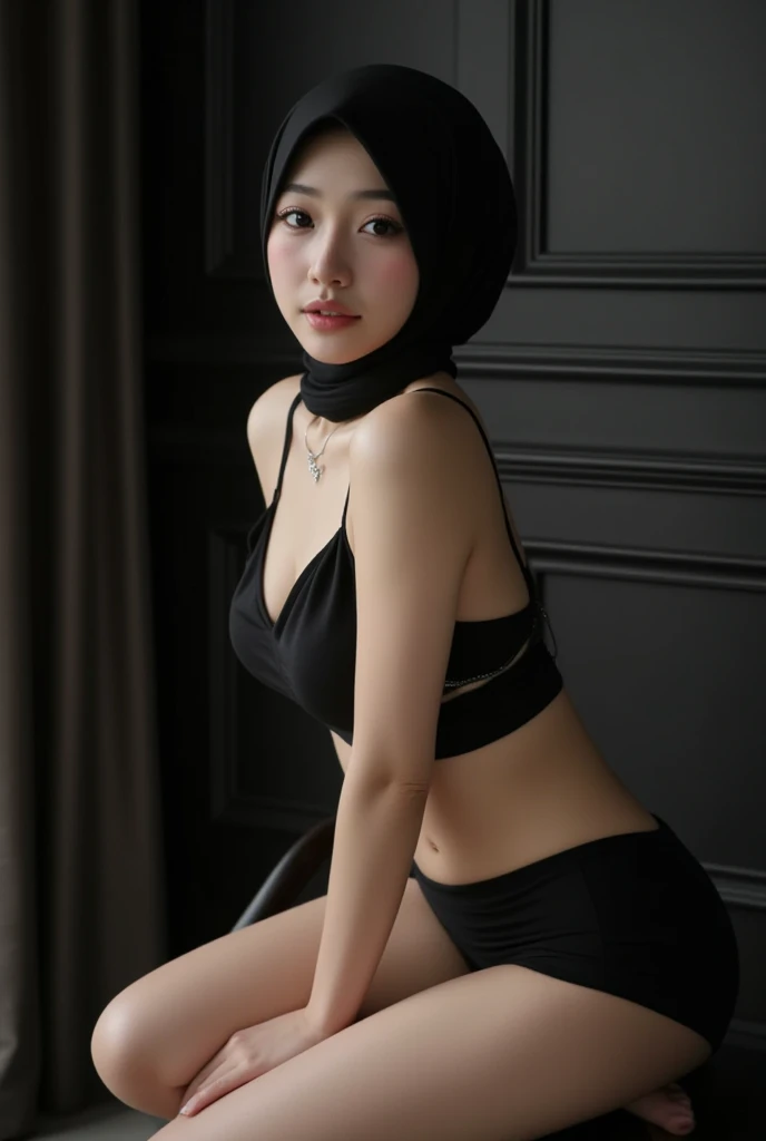 Best quality: 1.0), (Super High Resolution: 1.0), beautiful girl wearing hijab, wearing short dress, sitting on the floor, big breasts, cleavage, dark room background, blurry lights, crying, high resolution, 8k, masterpiece, best quality