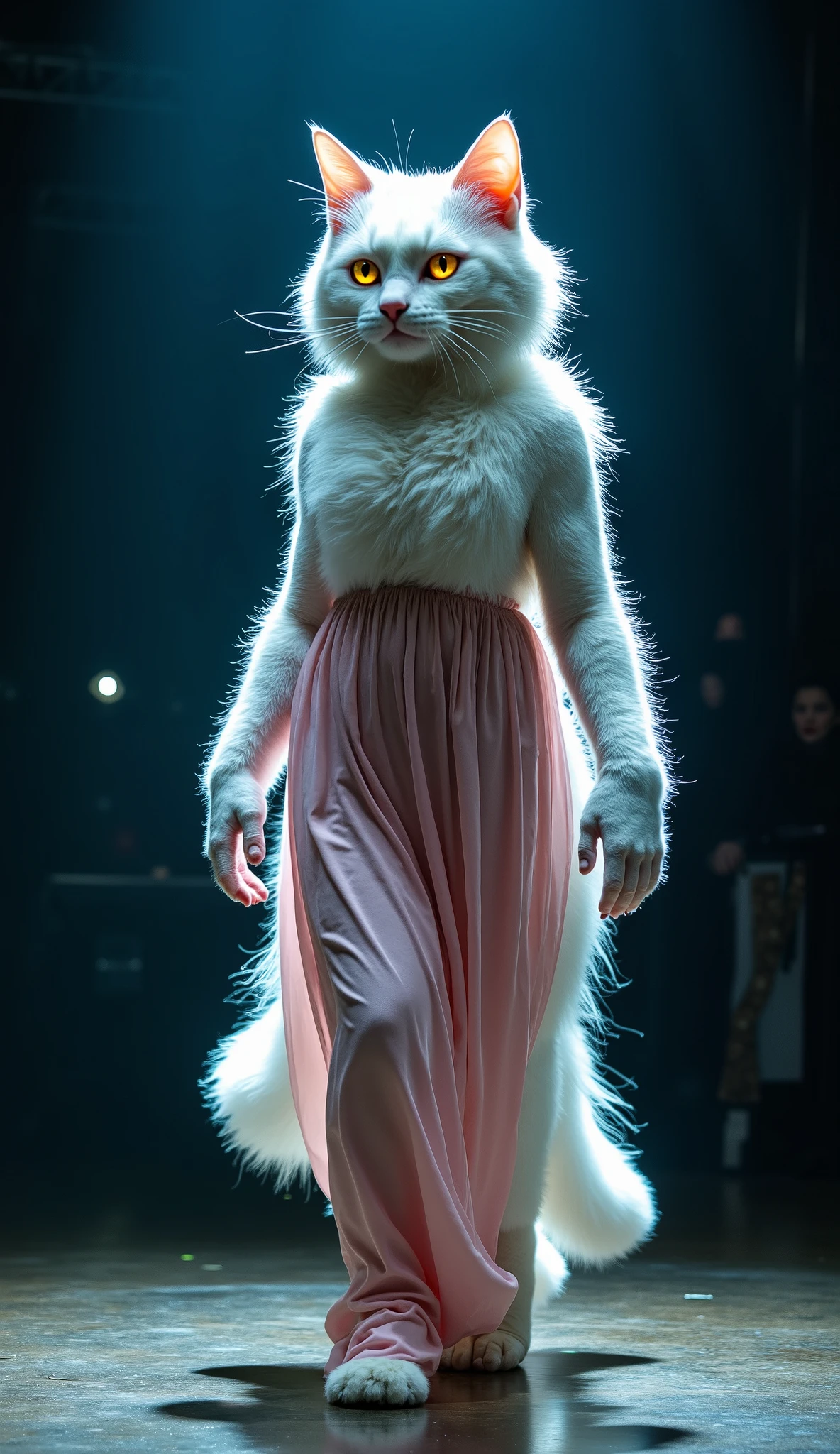 The transformation is complete. The humanoid creature stands on the stage in the spotlight, an extraordinary blend of the British young woman and the giant white cat. Its form is humanoid, with feline ears, white fur, and glowing cat-like eyes, while still retaining the woman’s facial resemblance and wearing the modified pink-white slip dress. The creature exudes an aura of elegance and power, captivating the audience