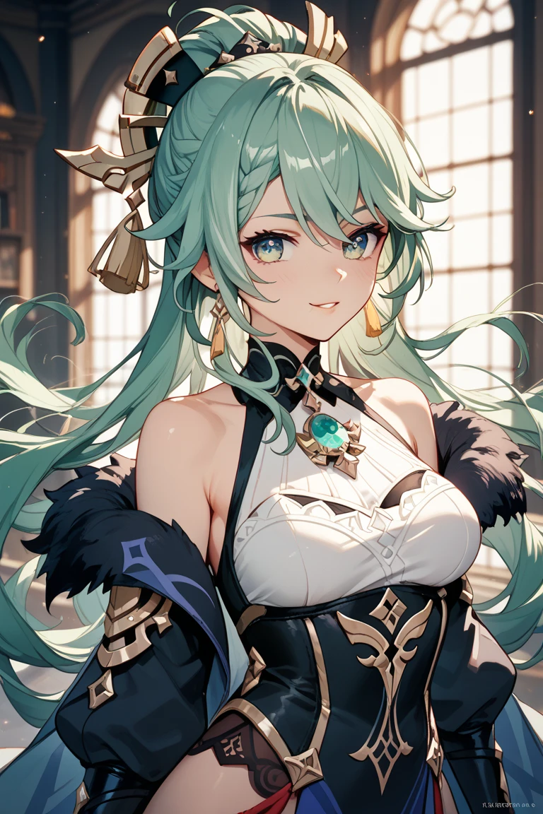 perfect eyes, soft light, high quality, 4k resolution, masterpiece, textured skin, high details, detailed face, detailed eyes, best quality, award winning, super detail, high quality, green hair, blunt bangs, messy hair, wolf ears, fangs, licking lips, Knight in metal armor, (gold shoulder pads), from side, multiple views