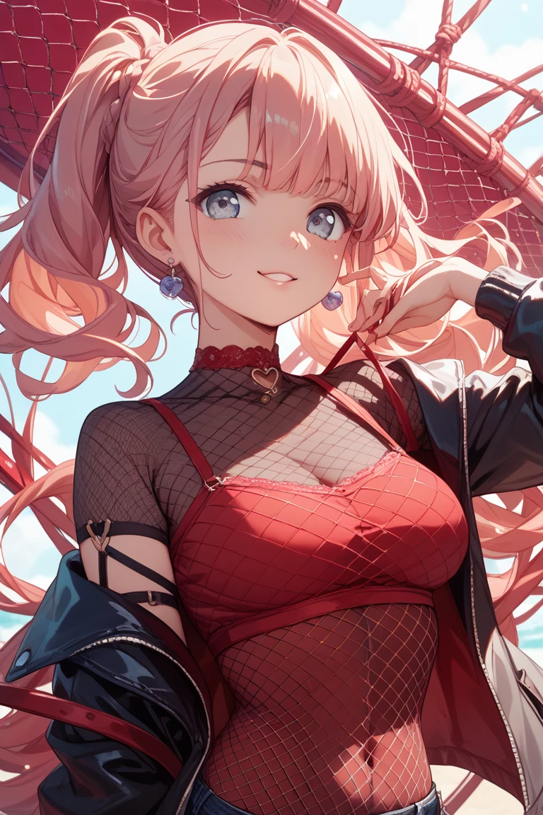 masterpiece, high quality, highres, absurdres, ultra-detailed, detailed eyes, 8k, ti-emb_kobo-kanaeru, 1girl, colorful eyes, fangs, open mouth, bangs, colorful background, looking at viewer, vibrant, contrast, red hair, red hair, gradient hair, happy, graffiti wall background, water splash, close up, callirapper, upper body, smile, blush, outdoors, day, simple background, blue sky, sky, temple, looking at viewer, stairs, mountain, moody lighting, facing viewer,, huge breast, bikini