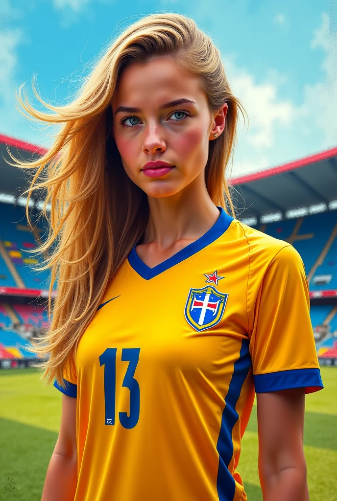 woman wearing sweden soccer team t-shirt,dynamic pose,dramatic lighting, simple background,vivid colors,cinematic,dramatic